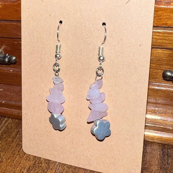 Vintage Pink Rose Quartz Silver Star Pendant Dangle Earrings - Picture 3 of 7